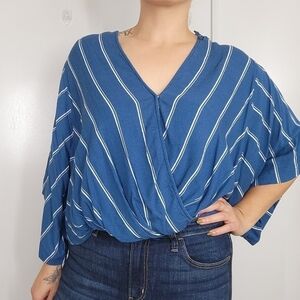 Free People Blue and White Boho Wide Sleeve Cropped Top Large‎ Oversized Beach